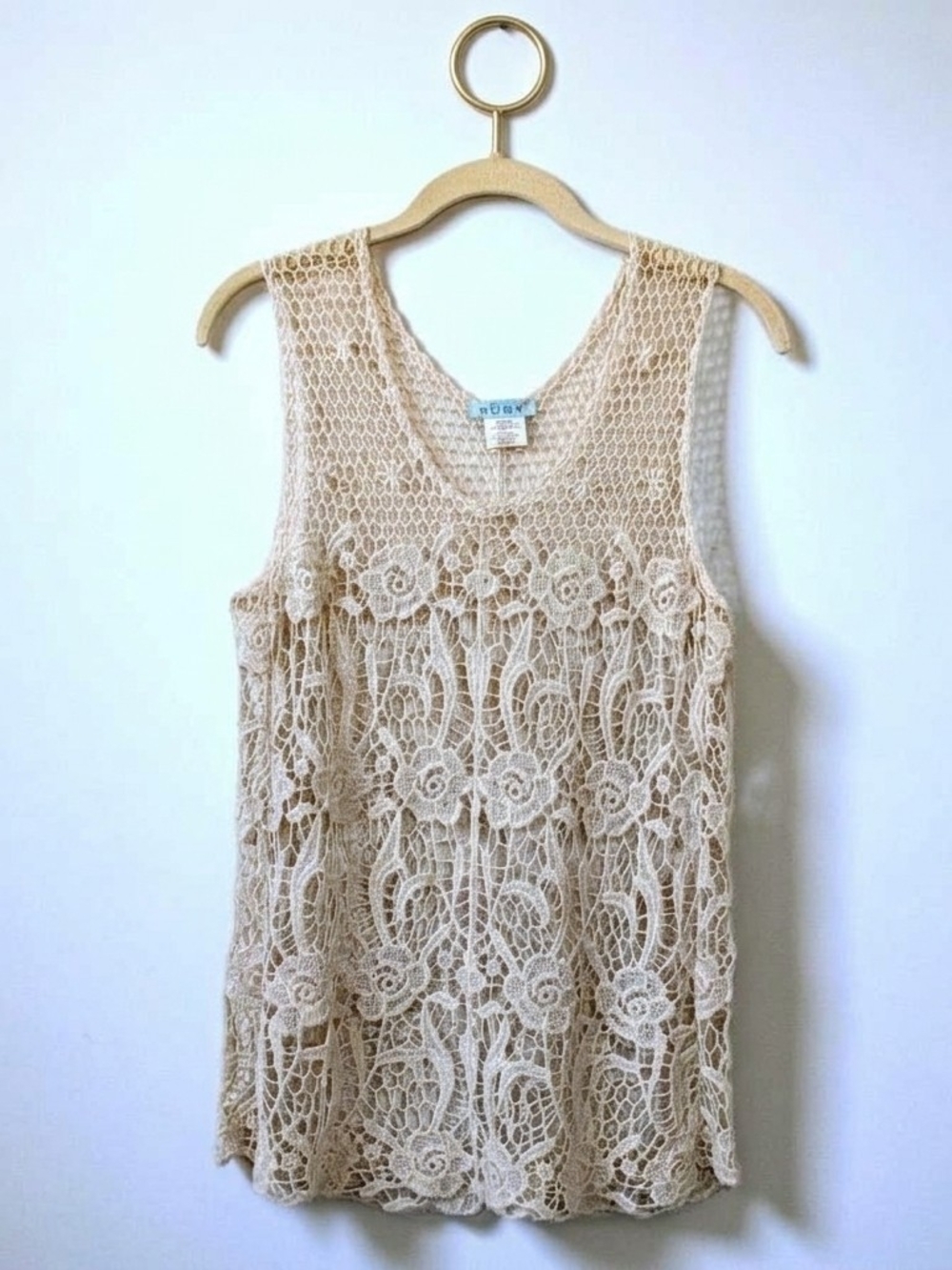 RŪBY Vintage 100% Cotton Floral Crochet Lace Tank Top Ivory